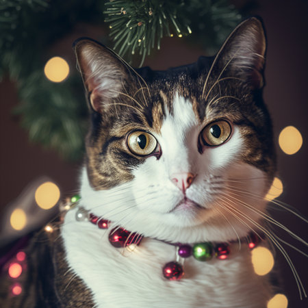 Cute cat with Christmas tree and bokeh on background.の素材