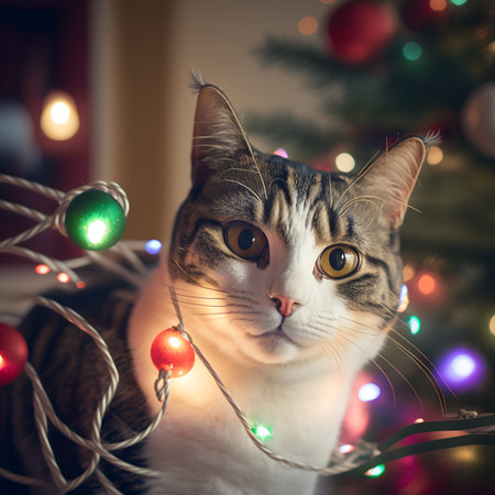 Cute cat with christmas lights on the background of a Christmas treeの素材