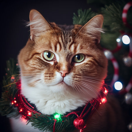 Cute ginger cat with Christmas tree and garland on black backgroundの素材