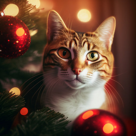 Cute cat on the background of a Christmas tree with red ballsの素材