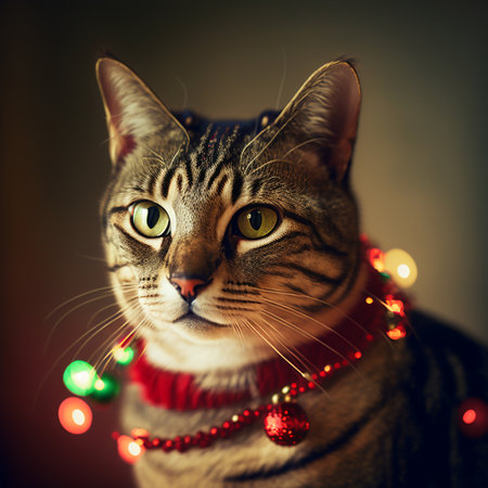 Portrait of tabby cat with Christmas garland on dark backgroundの素材