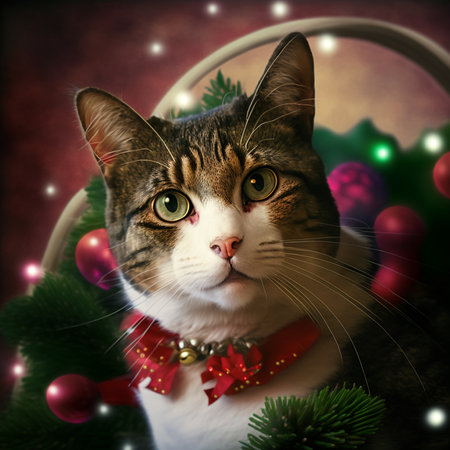 Portrait of a cat in a Christmas wreath with ornamentsの素材