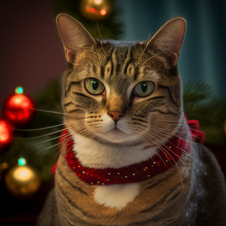 Portrait of a tabby cat in a red scarf on a background of a Christmas tree.の素材