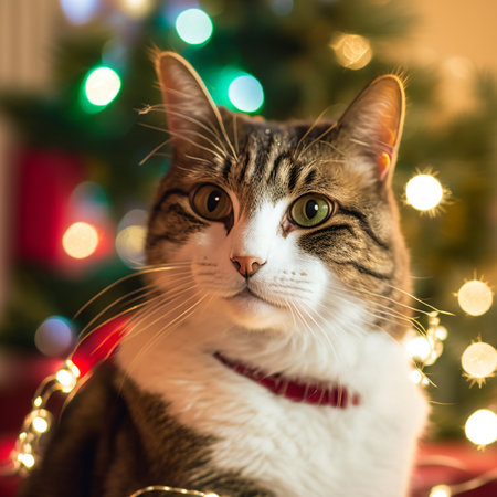 Cute tabby cat in front of christmas tree with lightsの素材