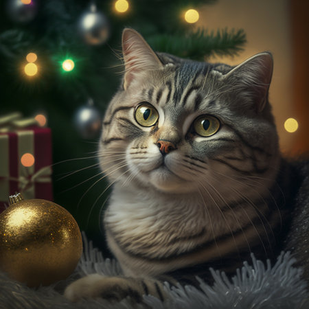 Cute cat with christmas tree and baubles on the backgroundの素材