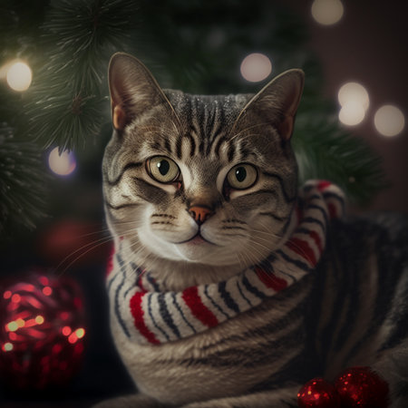 Cute tabby cat in knitted scarf and christmas tree on backgroundの素材