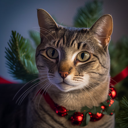 Portrait of a tabby cat with Christmas decorations on the background.の素材