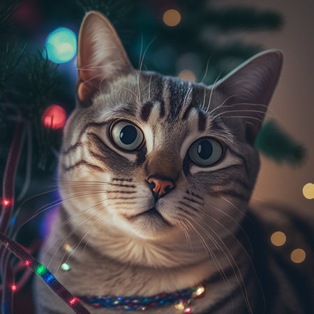 Portrait of a cat with Christmas tree and lights in the backgroundの素材