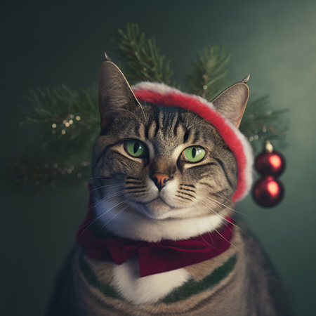 Portrait of a cat in a Santa Claus hat on a green background.の素材