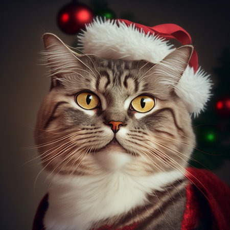 Portrait of a cat in a Santa Claus hat on a gray backgroundの素材