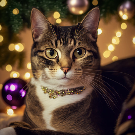 Portrait of a tabby cat in a fur coat and bow tie on the background of a Christmas tree.の素材