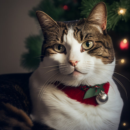 Portrait of a cat with a Christmas tree in the background.の素材