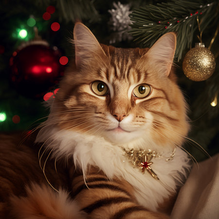 Portrait of a Maine Coon cat with Christmas tree and decorationsの素材