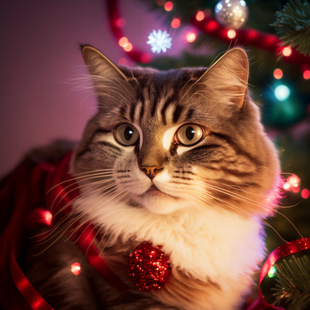 Maine Coon cat with Christmas tree and lights on background.の素材
