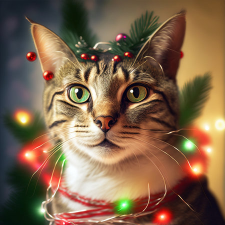 Portrait of a cat with christmas decoration on the head.の素材