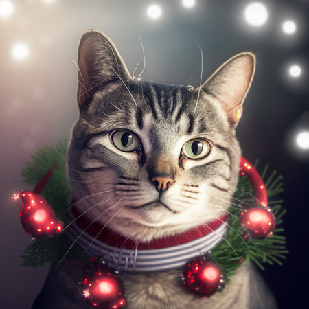Portrait of a cat with Christmas decorations on a gray background.の素材