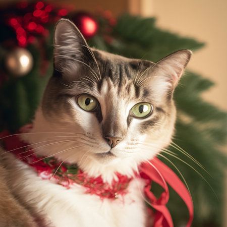 Portrait of a cat with Christmas decoration on the background of a Christmas treeの素材