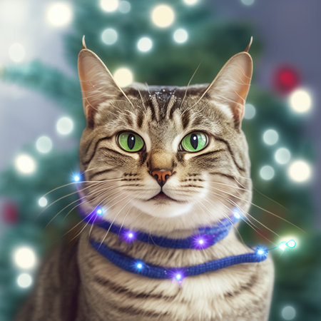 Portrait of a tabby cat with Christmas lights in the background.の素材