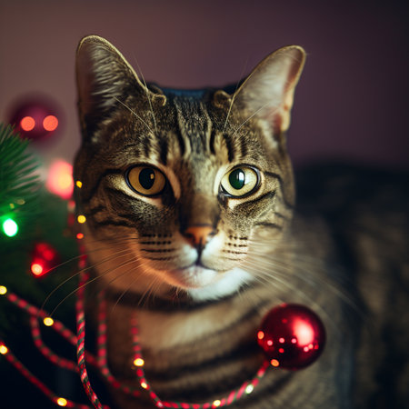 Portrait of a tabby cat with Christmas decorations on a dark background.の素材