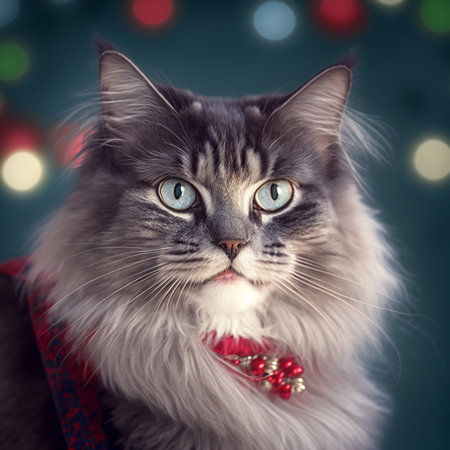 Portrait of a beautiful siberian cat on Christmas background.の素材