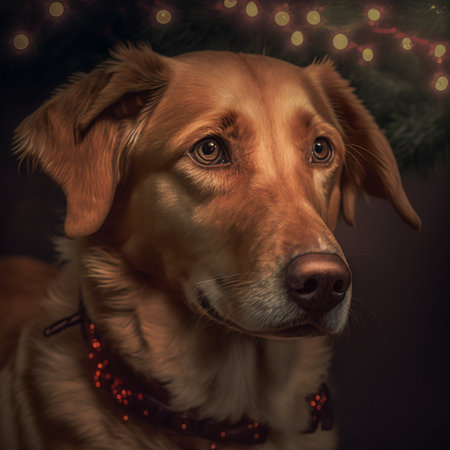 Golden retriever dog with christmas tree and lights on background.の素材