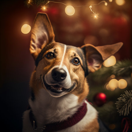 Christmas and New Year concept. Portrait of a cute dog on a background of a Christmas tree.の素材