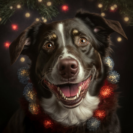 Portrait of a cute mixed breed dog with christmas decorations on a dark backgroundの素材