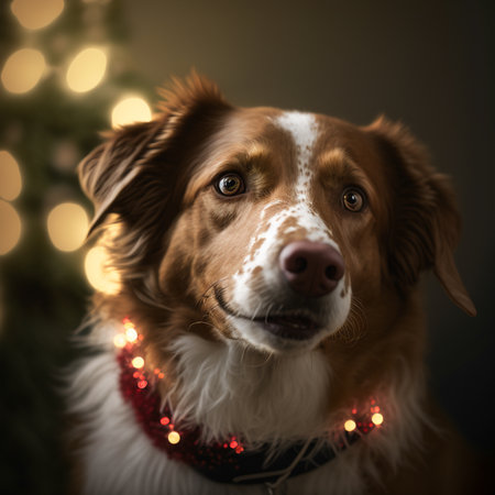 Portrait of a Nova Scotia Duck Tolling Retriever with Christmas lights in the backgroundの素材