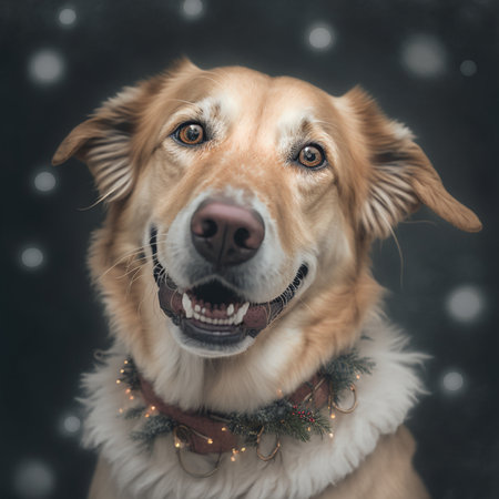 Portrait of golden retriever dog with christmas lights and snowflakesの素材