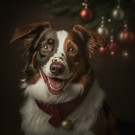 Portrait of a cute Australian Shepherd dog with a Christmas tree in the background.の素材