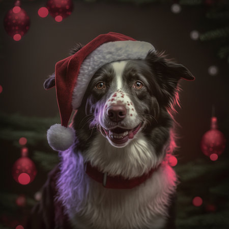 Portrait of cute smilling puppy border collie in santa hat on christmas background.の素材