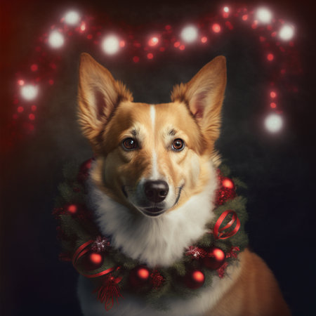 Portrait of a cute welsh corgi dog in a Christmas wreath on a dark backgroundの素材