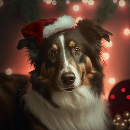 Portrait of a cute australian shepherd dog wearing a Santa Claus hatの素材