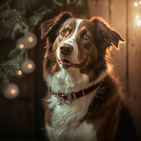 Portrait of a Bernese mountain dog in front of a Christmas treeの素材