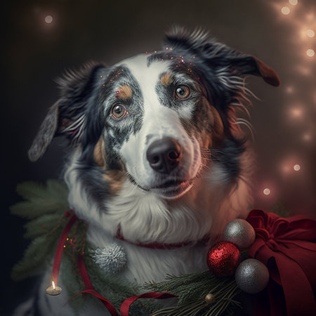Portrait of australian shepherd dog with christmas decorations.の素材