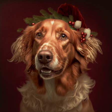 christmas dog with christmas wreath on his head on dark backgroundの素材