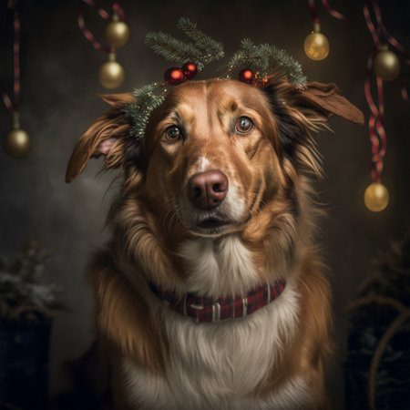 Portrait of a Nova Scotia Duck Tolling Retriever with christmas decorationの素材