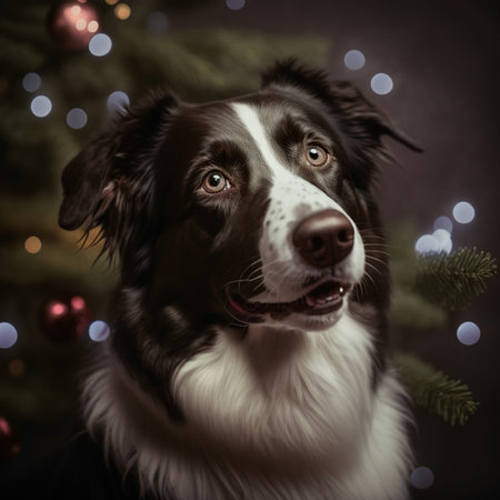 Portrait of cute smilling puppy dog border collie near christmas tree. New year and Christmas concept.の素材