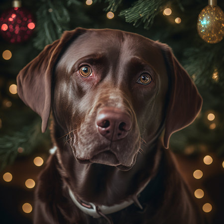 Portrait of a Chocolate Labrador Retriever dog with Christmas tree in the background.の素材