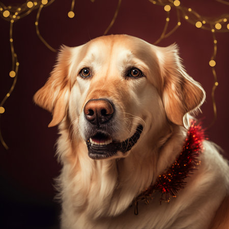 Golden Retriever dog with christmas lights on a dark backgroundの素材