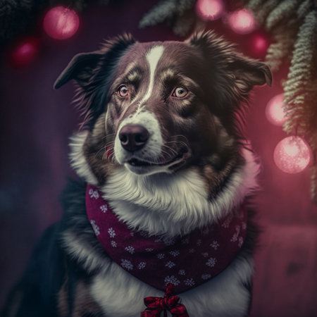 Portrait of a border collie dog wearing a red scarf. Christmas background.の素材