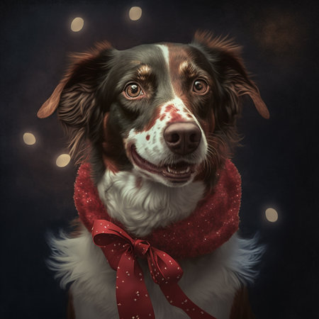 Cute dog with red scarf on dark background. winter concept.の素材