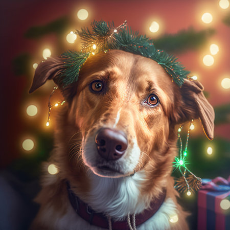 Dog with Christmas wreath on head and gift boxes on background.の素材