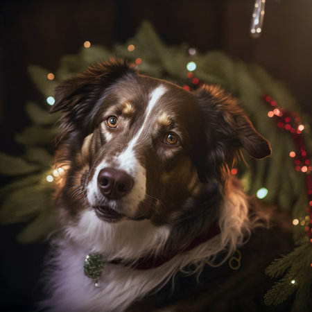 Portrait of a border collie dog in a Christmas decoration.の素材
