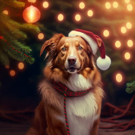 Red border collie dog in Santa Claus hat on Christmas background.の素材