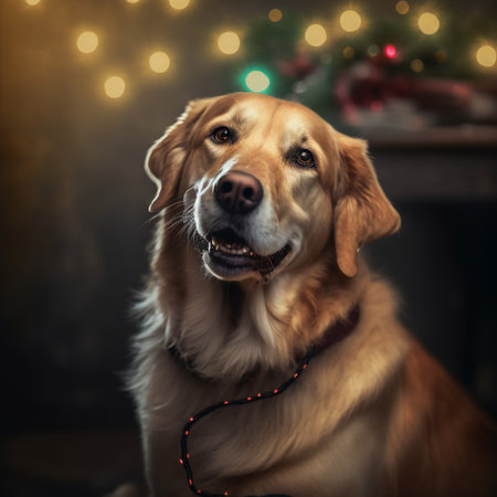 Golden Retriever dog in front of a Christmas tree with lightsの素材