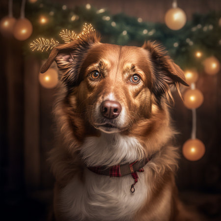 Portrait of a red border collie dog with christmas decorationsの素材