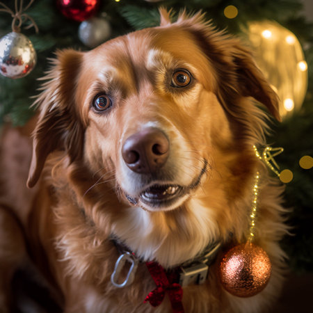 Golden Retriever dog in front of christmas tree with decorationsの素材