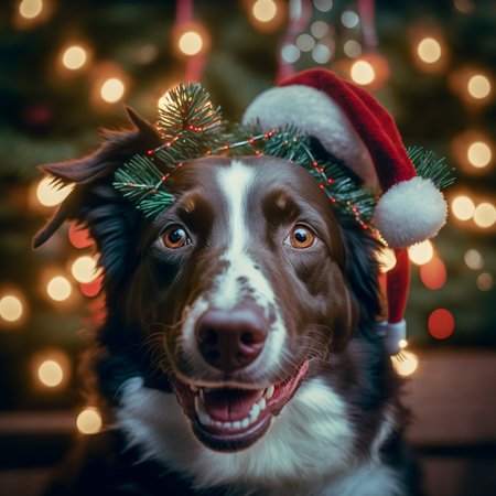 Christmas portrait of border collie dog in santa hat with christmas tree on backgroundの素材
