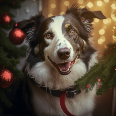 Portrait of cute smiling puppy border collie near christmas tree. New Year and Christmas conceptの素材